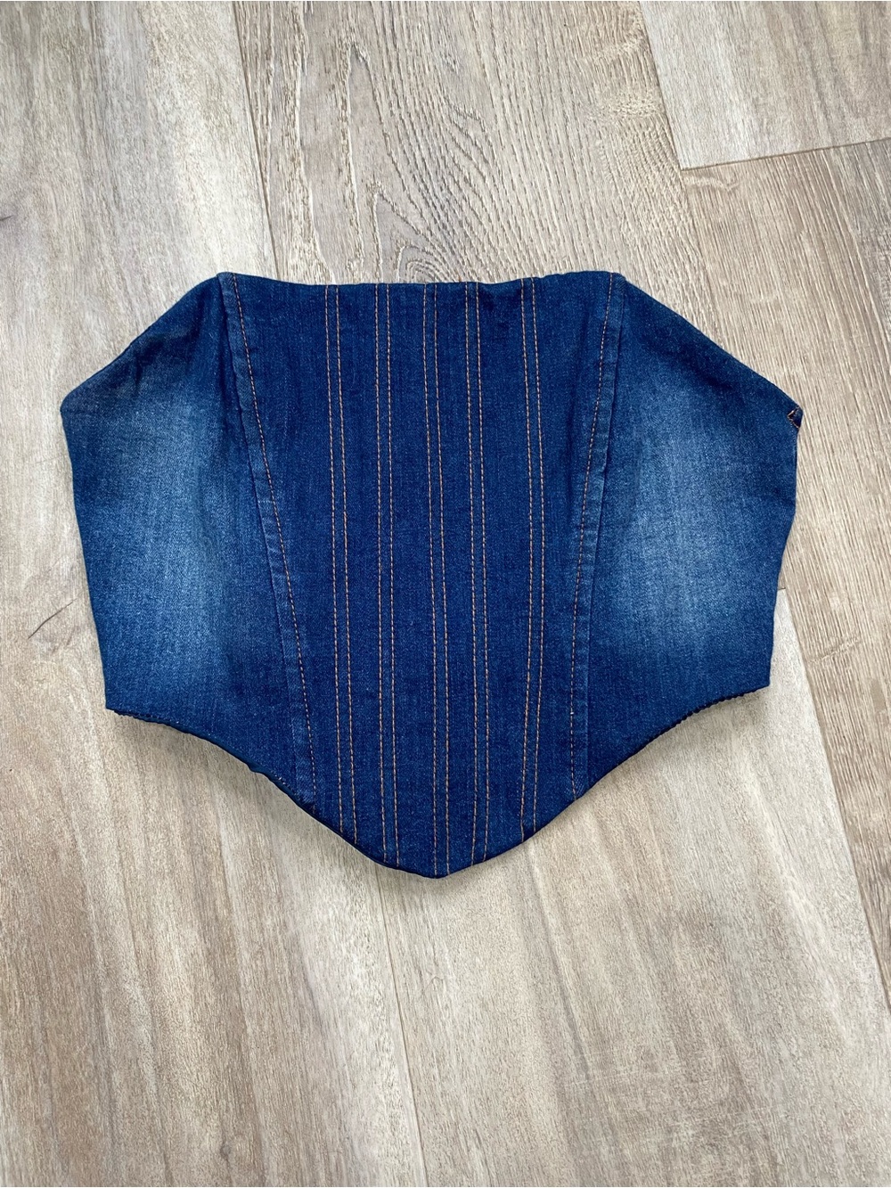 Fashion Nova Navy Blue Denim Corset Belt Top with Orange Stitching